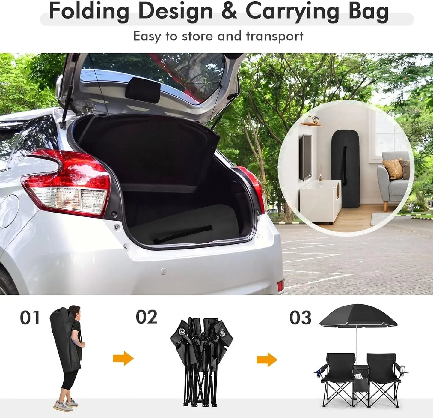 Double Portable Picnic Chairs, Folding Camping Chairs w/Detachable Umbrella, Cooler Bag, Cup Holders, Patio Beach Camping Chairs for Outdoors football baseball season