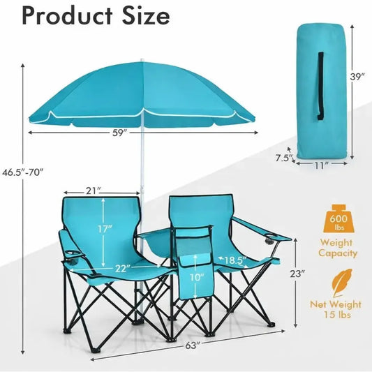 Double Portable Picnic Chairs, Folding Camping Chairs w/Detachable Umbrella, Cooler Bag, Cup Holders, Patio Beach Camping Chairs for Outdoors football baseball season