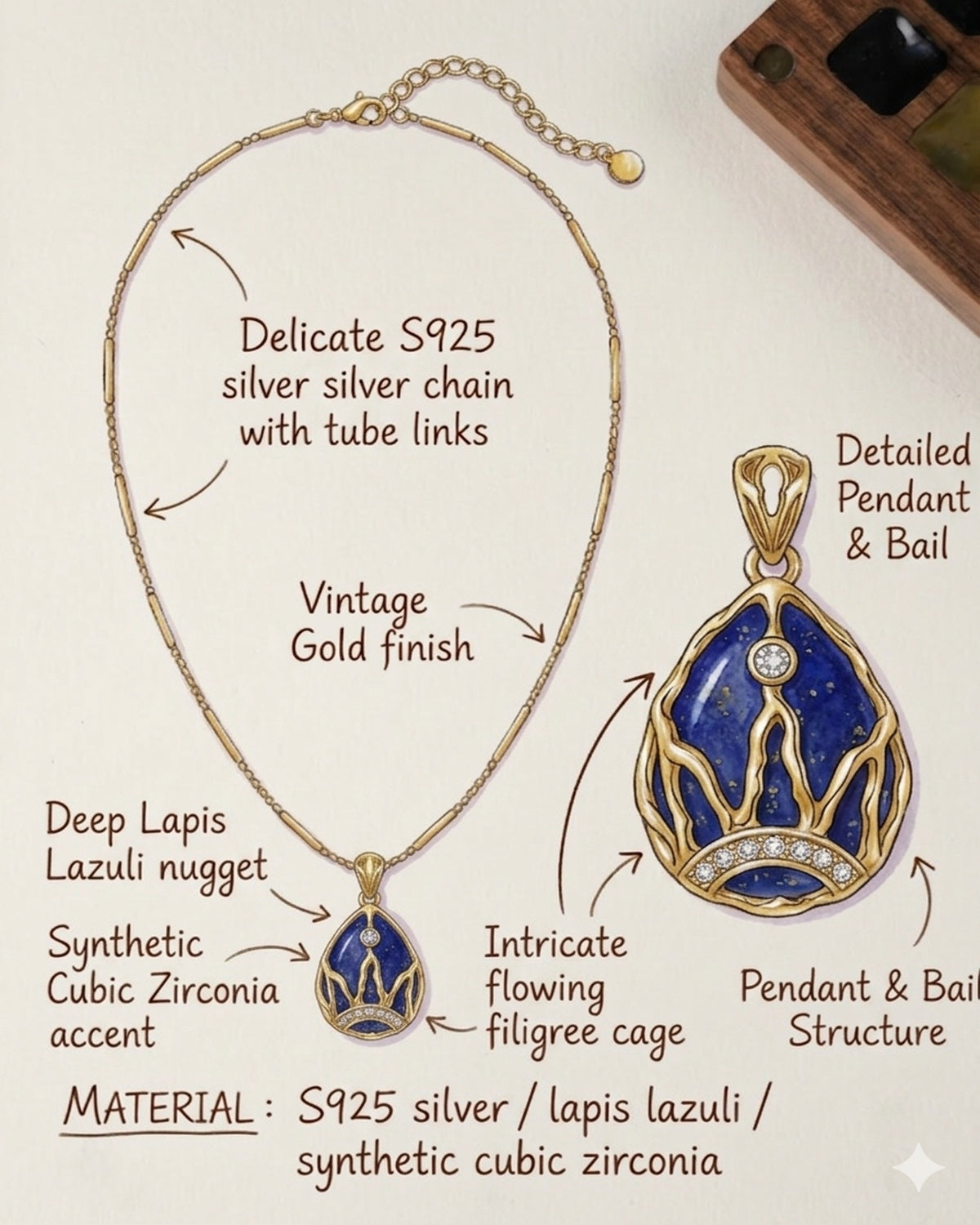 Lapis Lazuli Crown Charm Necklace – Starry Necklace Stack Design