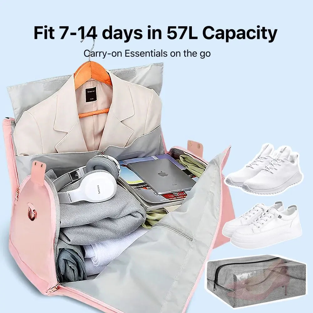 Travel Duffle Bag with Garment & Shoe Compartment, Waterproof & Breathable, TSA-Approved, 57L Capacity, Ideal for Weekender, Gym, Hospital, Holiday Travel