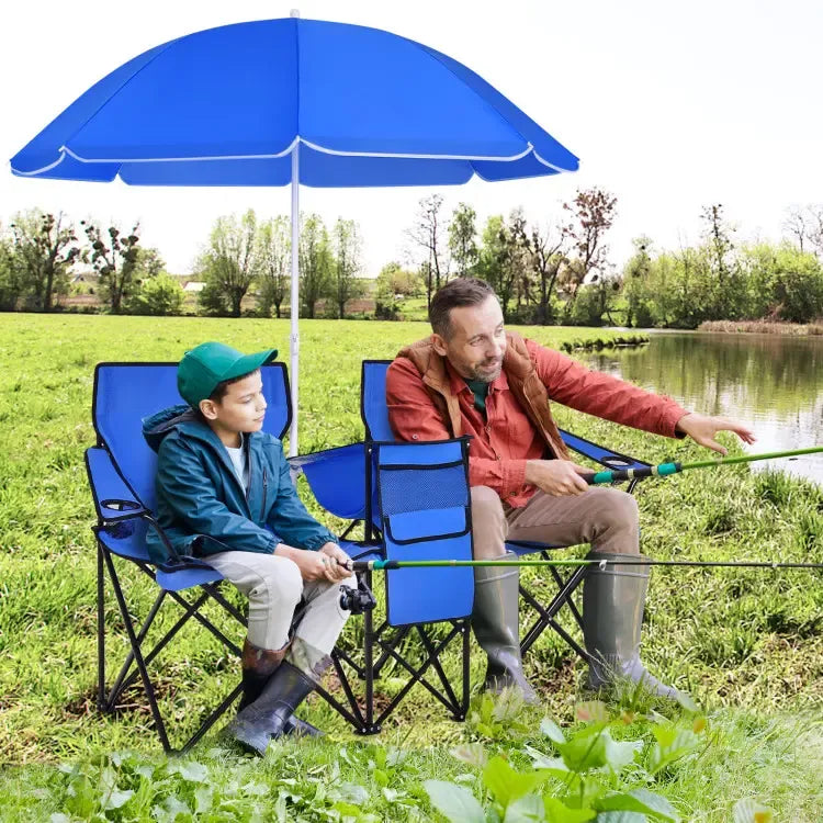 Double Portable Picnic Chairs, Folding Camping Chairs w/Detachable Umbrella, Cooler Bag, Cup Holders, Patio Beach Camping Chairs for Outdoors football baseball season