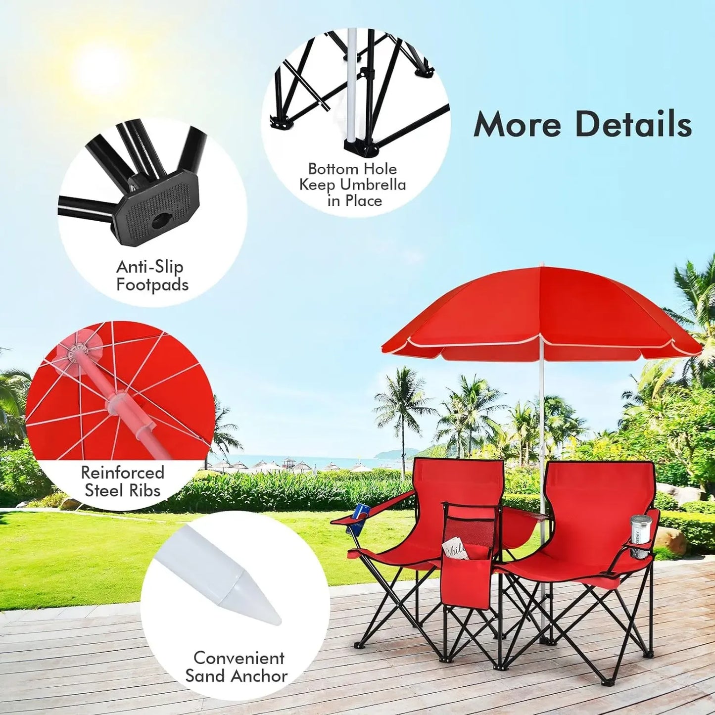 Double Portable Picnic Chairs, Folding Camping Chairs w/Detachable Umbrella, Cooler Bag, Cup Holders, Patio Beach Camping Chairs for Outdoors football baseball season
