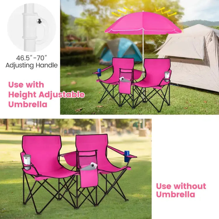 Double Portable Picnic Chairs, Folding Camping Chairs w/Detachable Umbrella, Cooler Bag, Cup Holders, Patio Beach Camping Chairs for Outdoors football baseball season