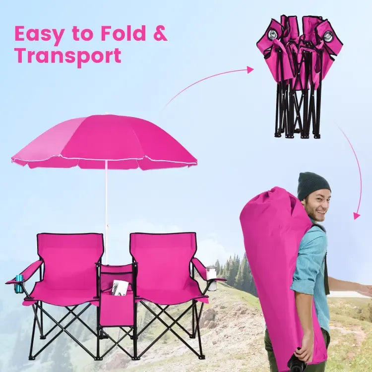 Double Portable Picnic Chairs, Folding Camping Chairs w/Detachable Umbrella, Cooler Bag, Cup Holders, Patio Beach Camping Chairs for Outdoors football baseball season