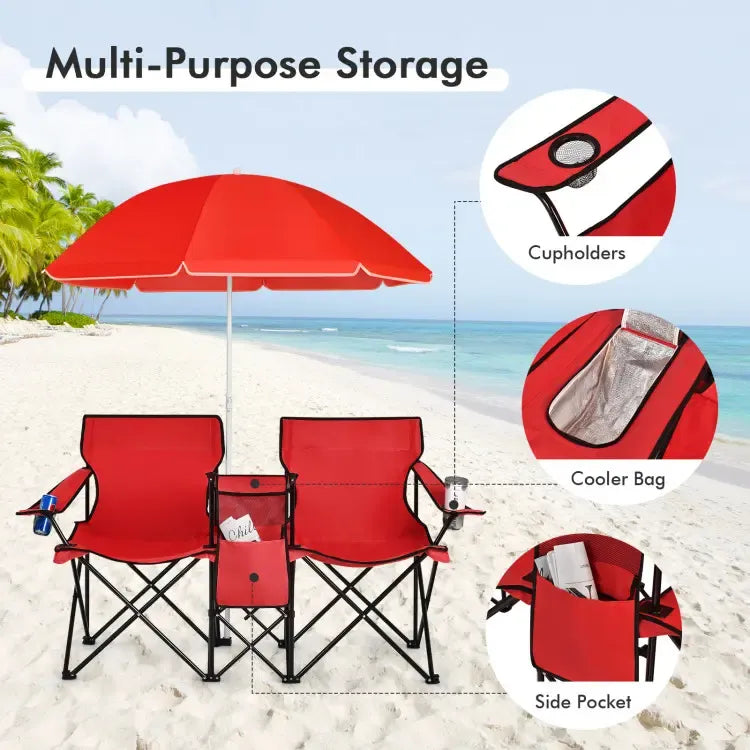 Double Portable Picnic Chairs, Folding Camping Chairs w/Detachable Umbrella, Cooler Bag, Cup Holders, Patio Beach Camping Chairs for Outdoors football baseball season