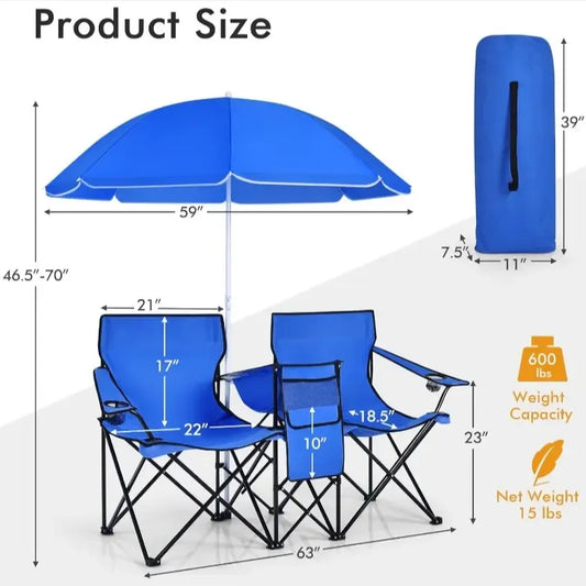 Double Portable Picnic Chairs, Folding Camping Chairs w/Detachable Umbrella, Cooler Bag, Cup Holders, Patio Beach Camping Chairs for Outdoors football baseball season