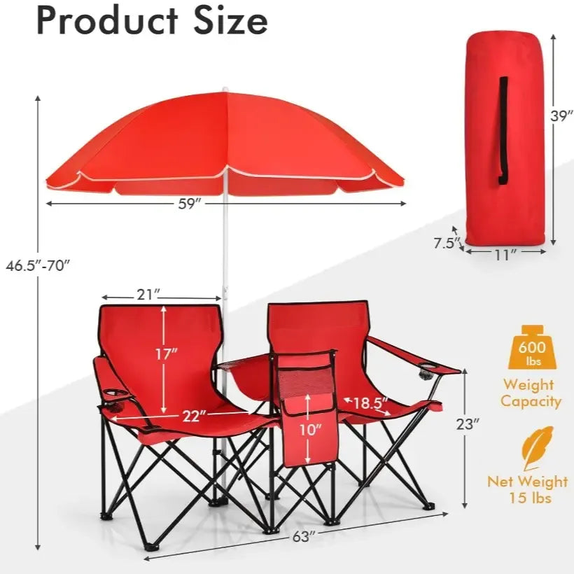 Double Portable Picnic Chairs, Folding Camping Chairs w/Detachable Umbrella, Cooler Bag, Cup Holders, Patio Beach Camping Chairs for Outdoors football baseball season