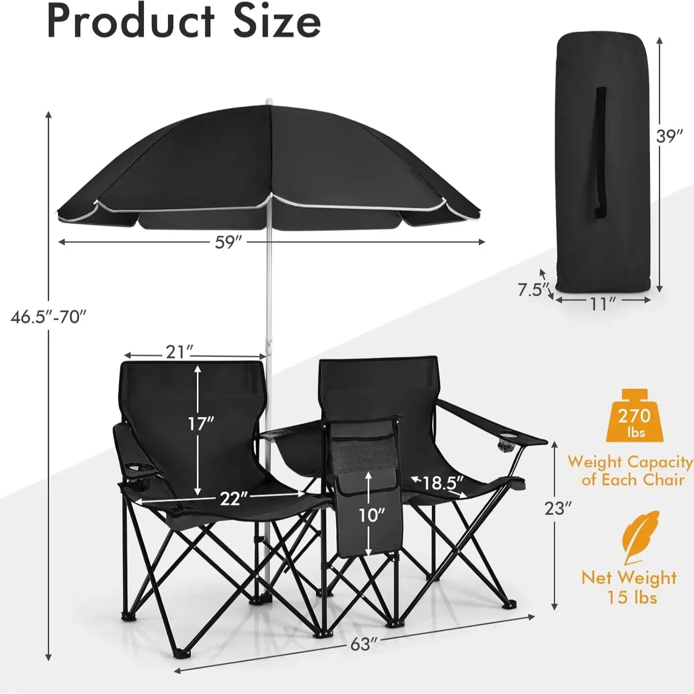 Double Portable Picnic Chairs, Folding Camping Chairs w/Detachable Umbrella, Cooler Bag, Cup Holders, Patio Beach Camping Chairs for Outdoors football baseball season