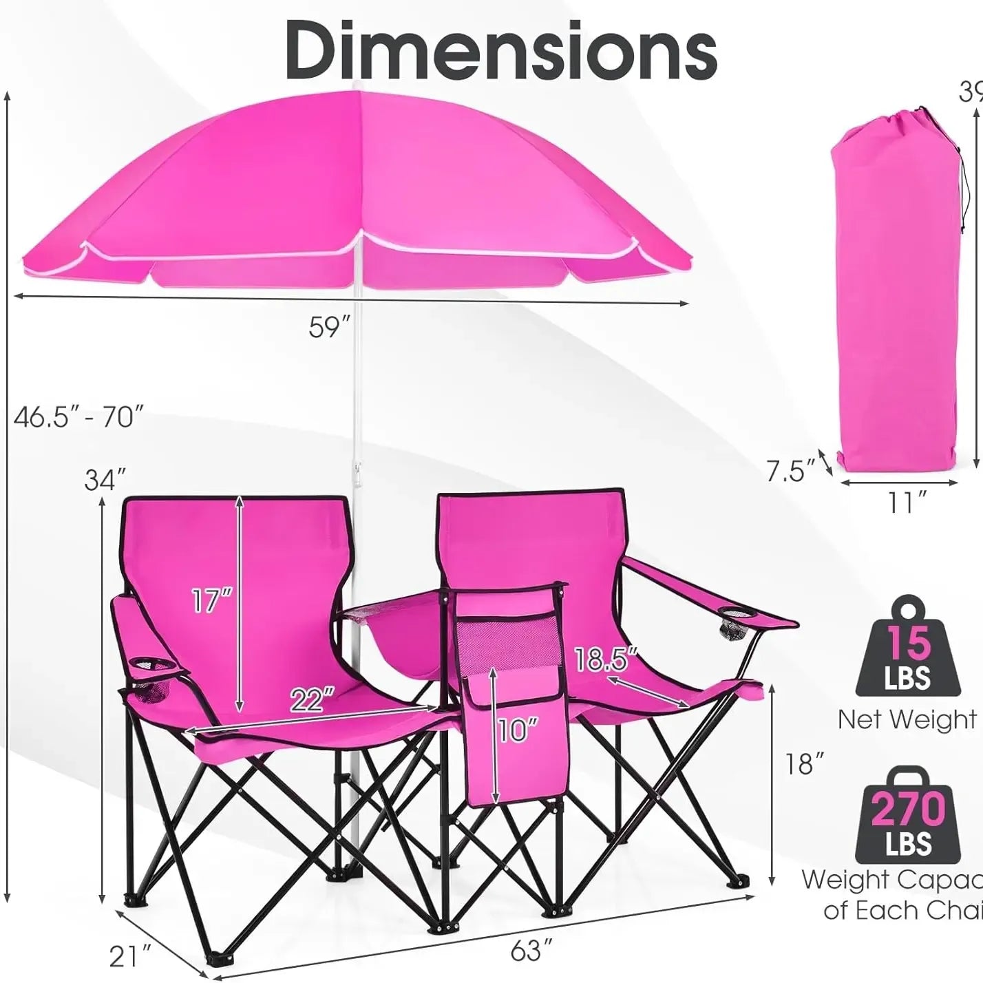 Double Portable Picnic Chairs, Folding Camping Chairs w/Detachable Umbrella, Cooler Bag, Cup Holders, Patio Beach Camping Chairs for Outdoors football baseball season