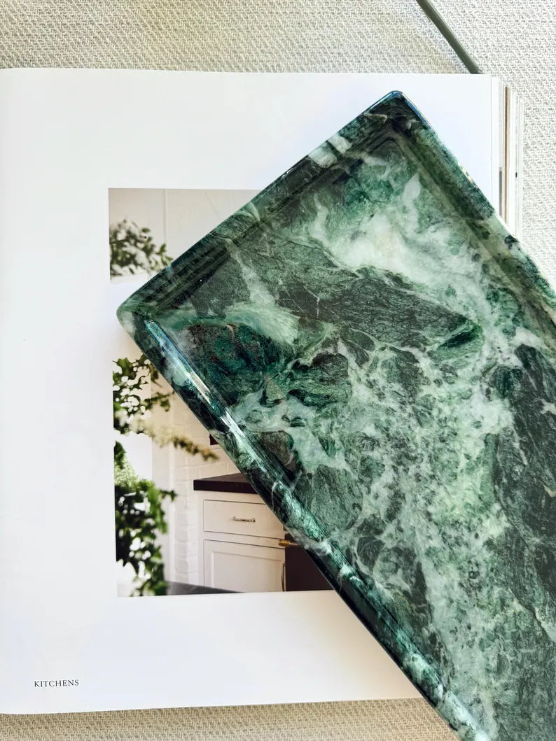 Large green Marble tray on coffee table console table tray, VERDE ALPI MARBLE, bathroom vanity tray, Catchall Tray, 12*6 in